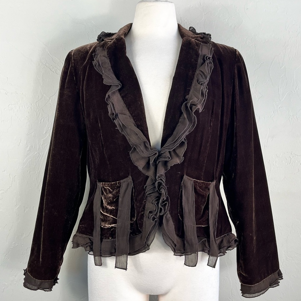 Anne Carson Brown Crushed Velvet Front Ruffles Hem Steampunk Blazer Cardigan